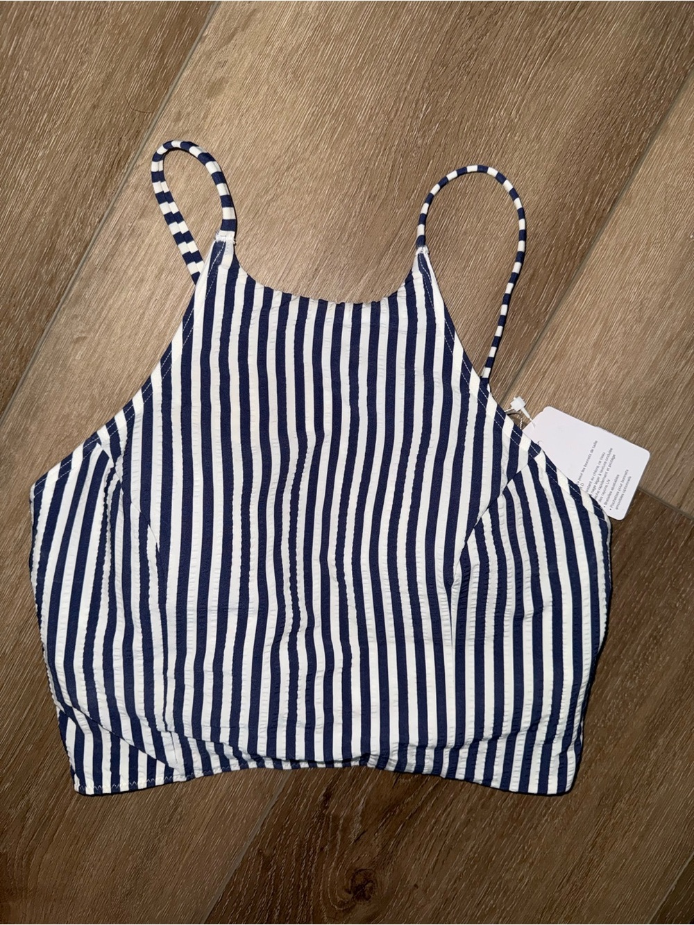 NWT Lululemon Seersucker Blue Stripe High Neck Long Line Bikini Swimsuit Top XS